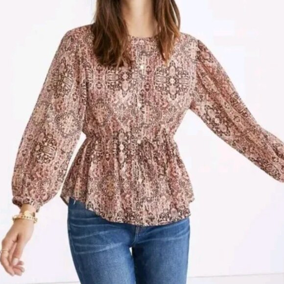 MADEWELL Bohemian Cinch Waist Kaleidoscope Print Button Front Peasant Blouse - Picture 1 of 8